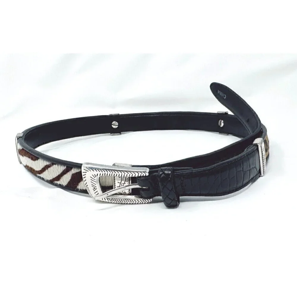Brighton Sz M/L Black Leather Leopard Print Pony Calf Hair Patchwork Belt Mix